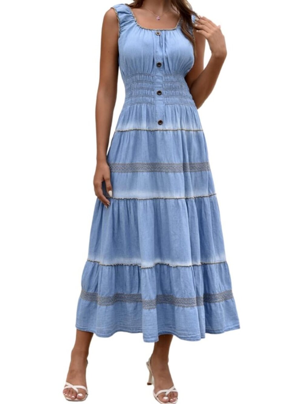 Womens Denim Maxi Dress Sleeveless Summer Casual Blue Cotton Boho Flowy Long Jea